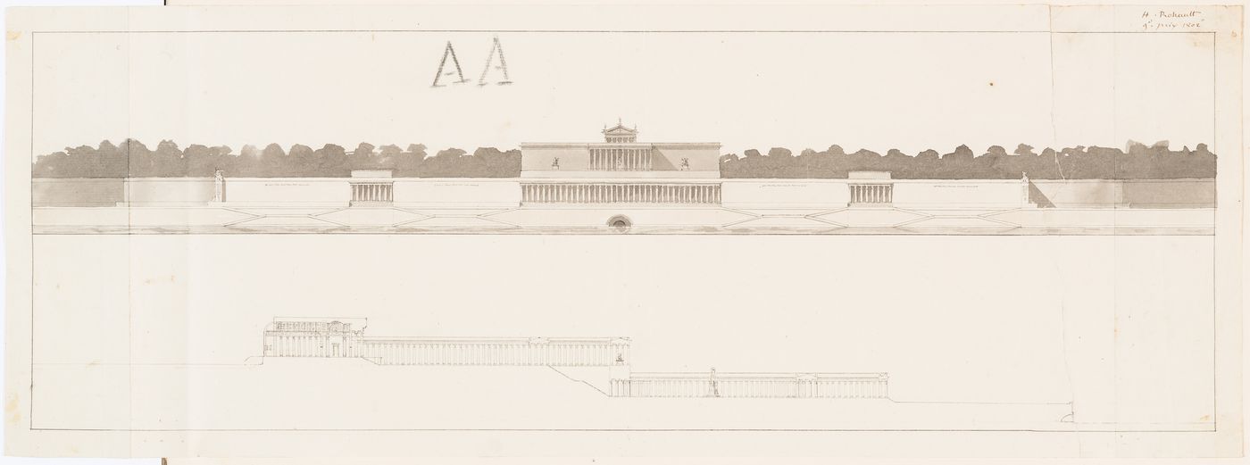 1802 Grand Prix Competition: Elevation, partial elevation and esquisse showing an elevation and sectional elevation for the principal façade for a public fair located on the banks of a large river