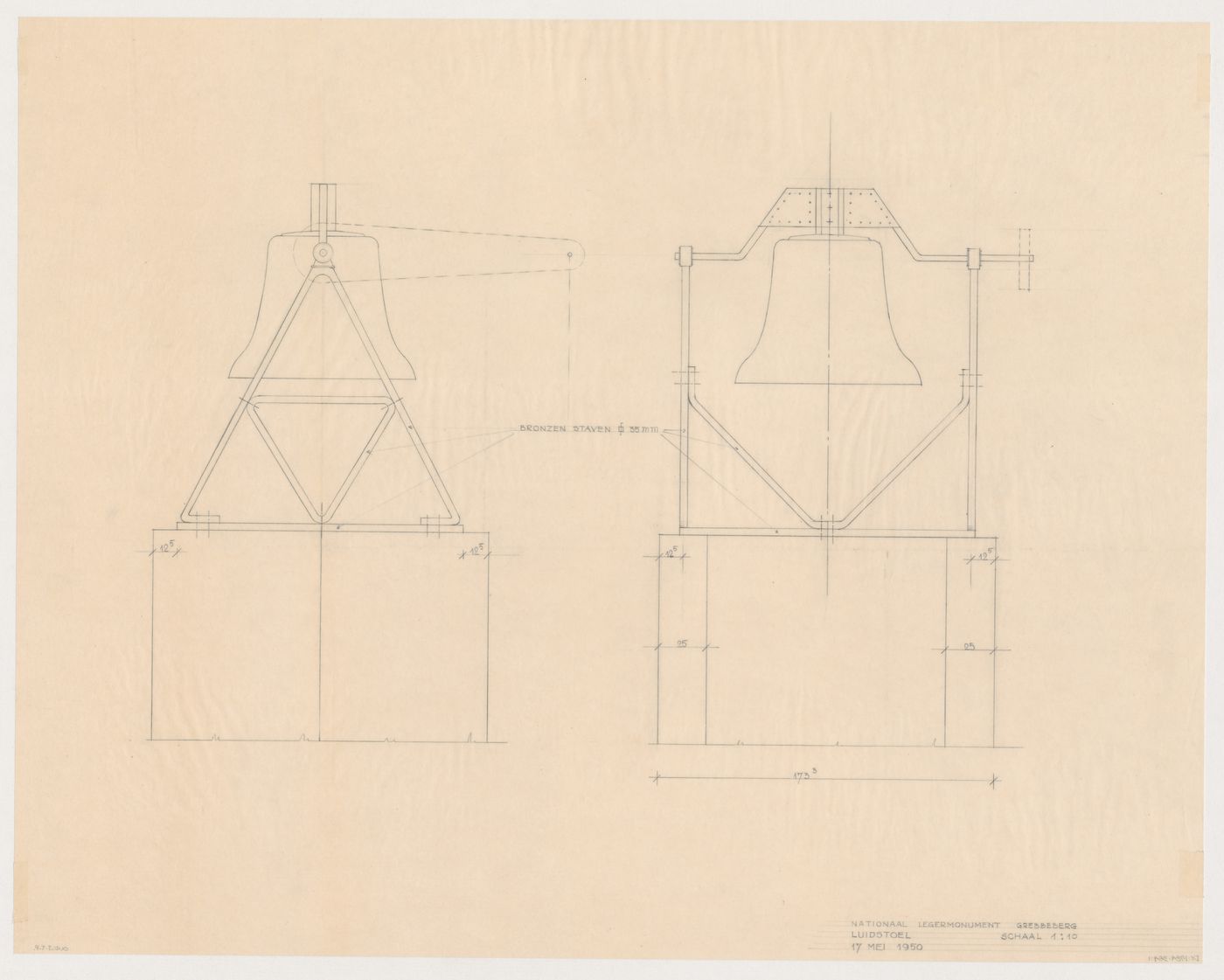 Section and elevation for a bell tower [?] for the Dutch Soldiers' Monument, Rhenen, Netherlands