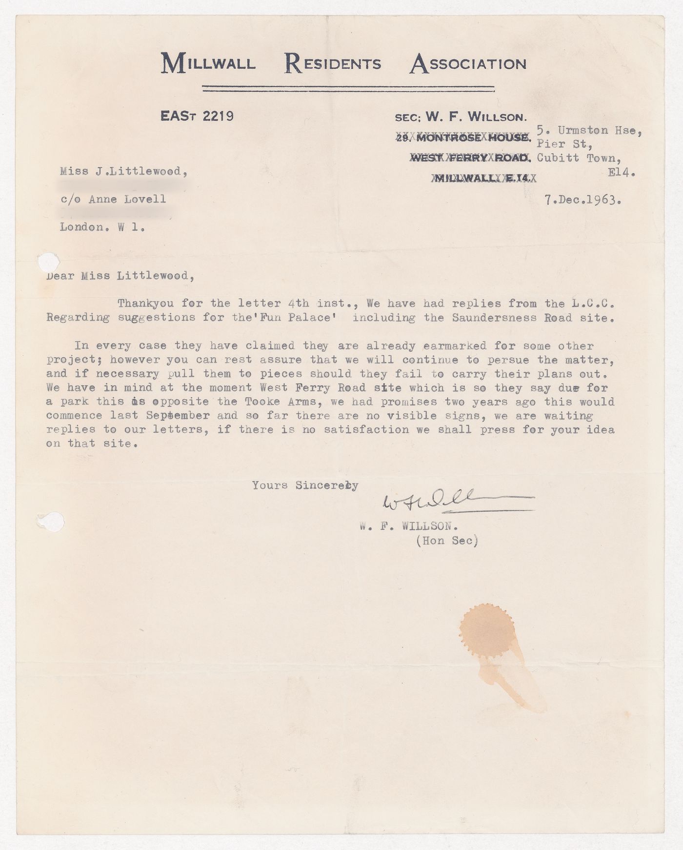 Letter from W.F. Willson to Joan Littlewood regarding the Fun Palace Project
