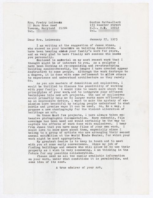 Letter from Gordon Matta-Clark to Fredry Loizeaux