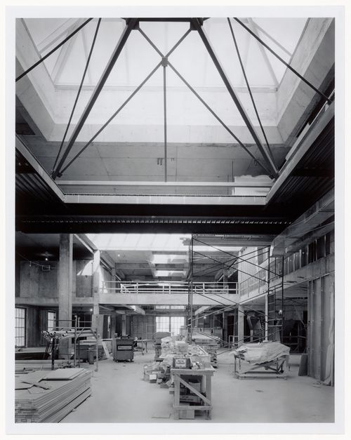 Interior view of the Octagonal Gallery showing the skylight and the space frame for the ceiling, Canadian Centre for Architecture under construction, Montréal, Québec