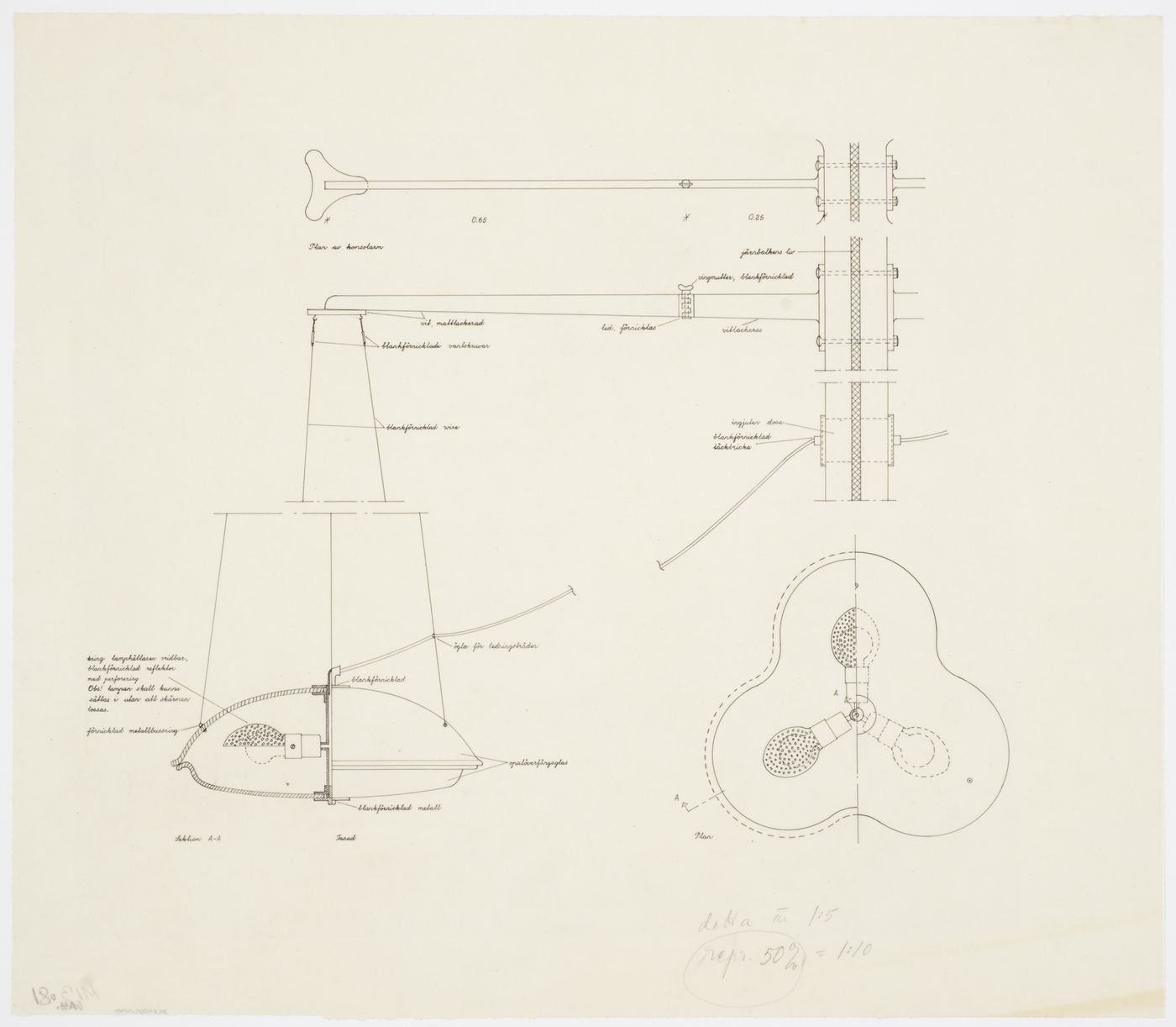 Plans and a section for lighting fixtures with specifications, Göteborgs rådhusets tillbyggnad [courthouse annex], Göteborg, Sweden