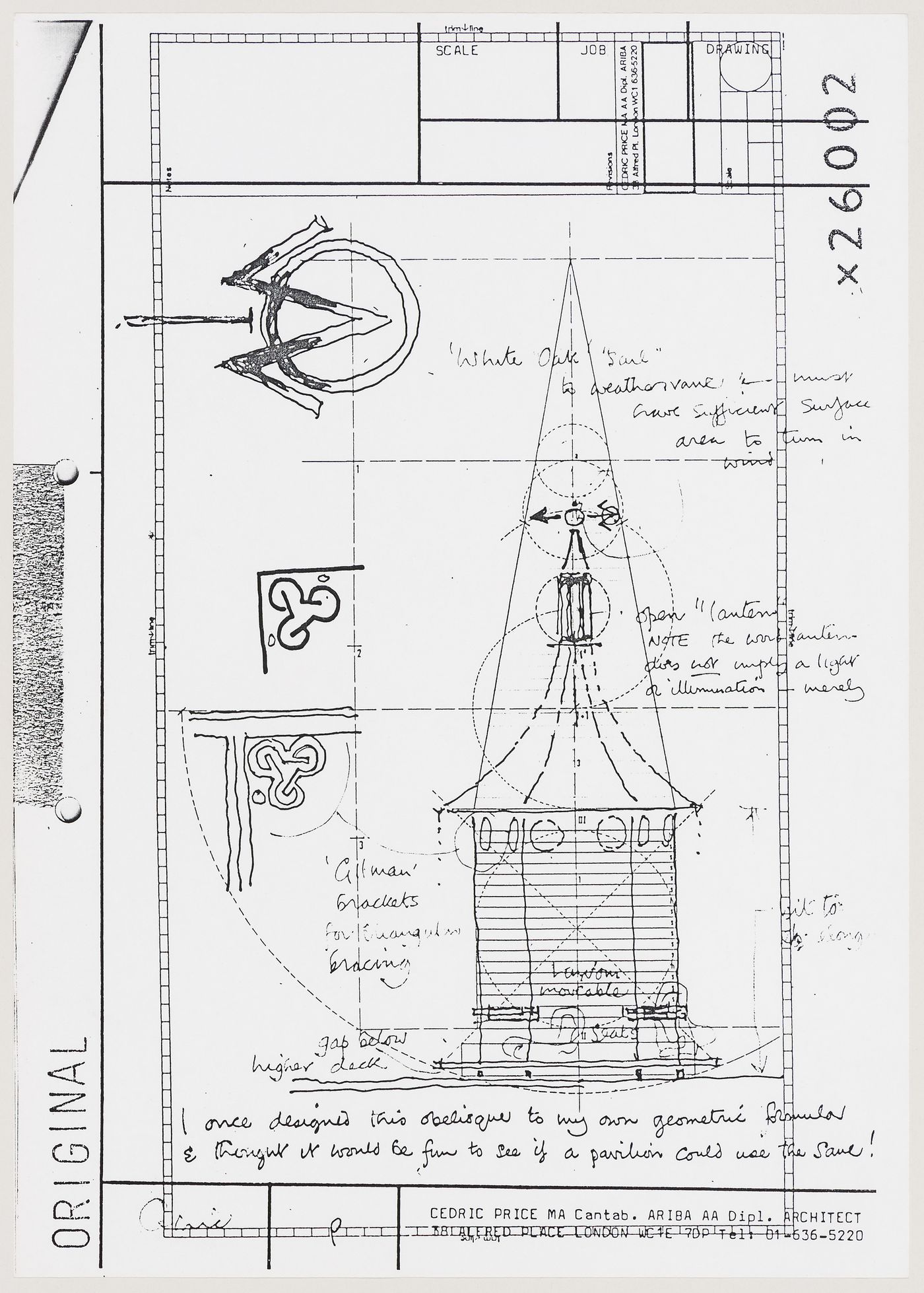 Oblique: elevation and details, with notes