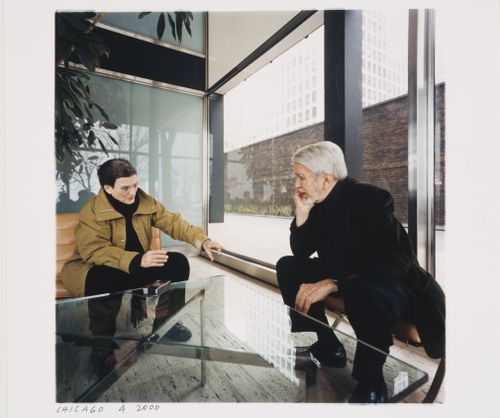 Interior view of the lobby of 880 Lake Shore Drive Apartments showing Phyllis Lambert and the architect George Danforth, Chicago, Illinois