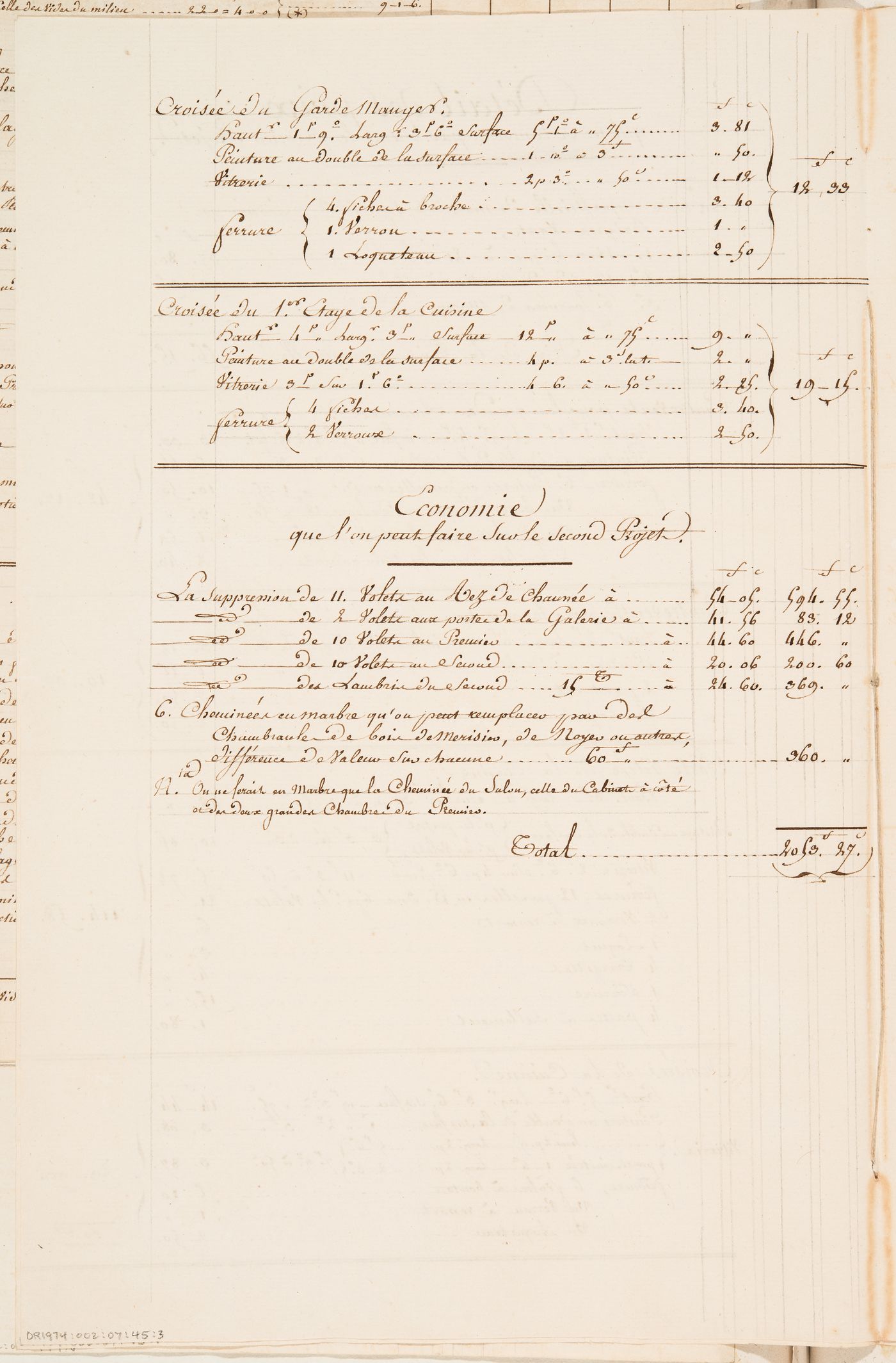 Cost estimate for a country house composed of two pavilions connected by a gallery
