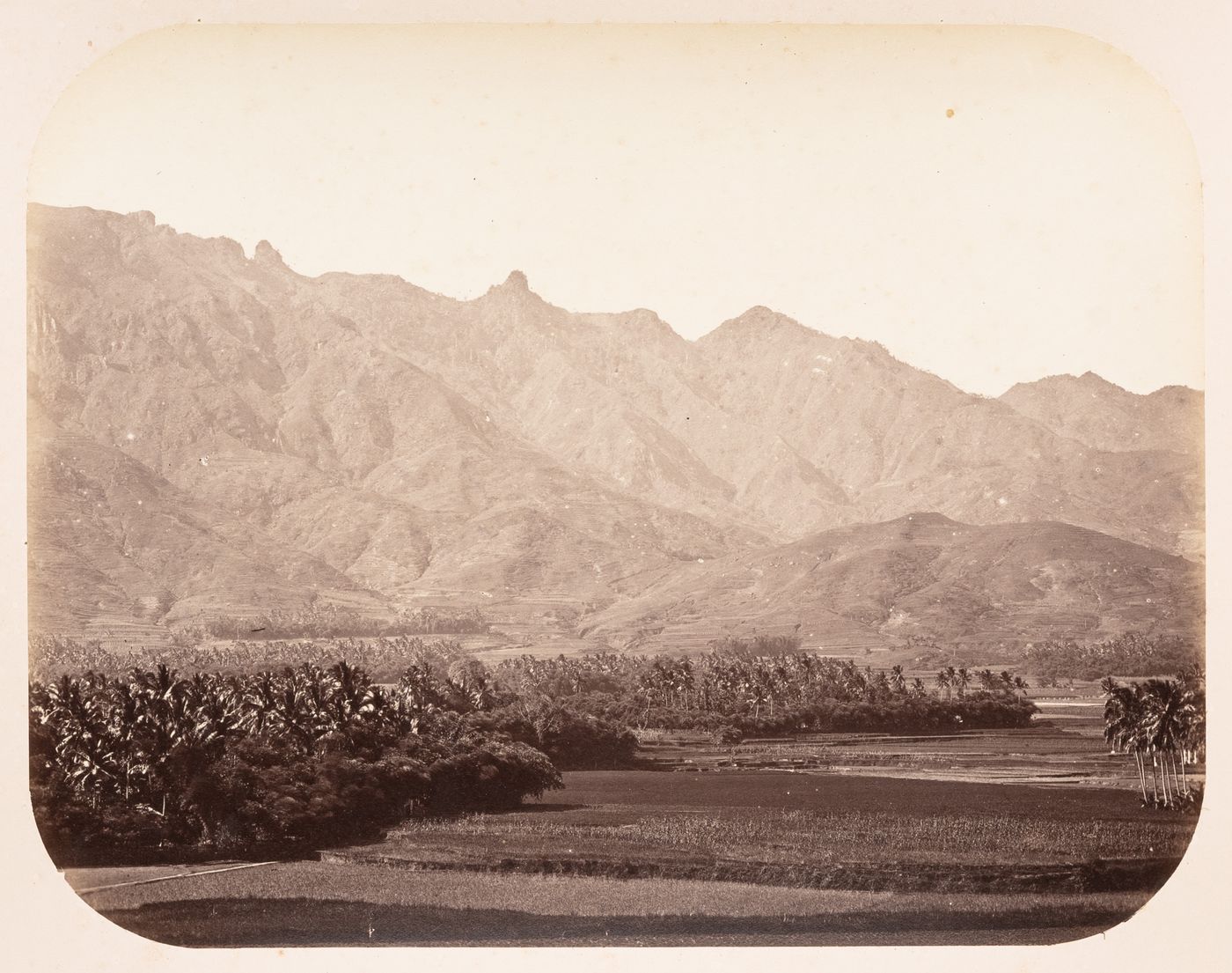 View of mountains and a valley, near Magelang, Dutch East Indies (now Indonesia)