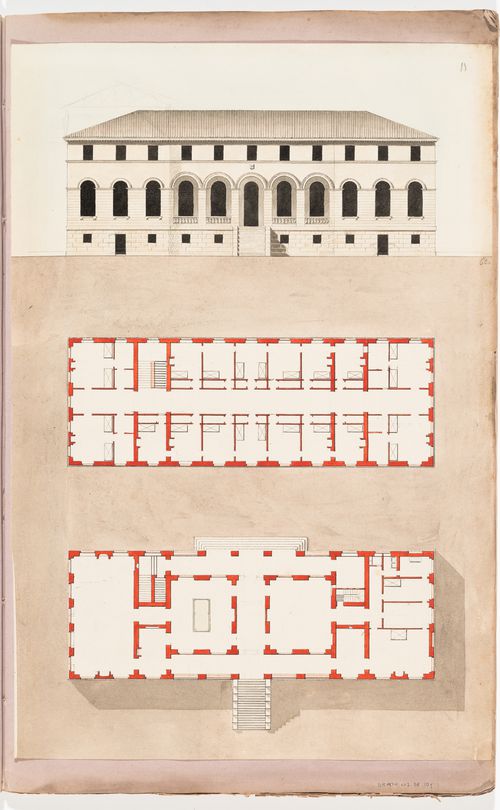 Elevation for the principal façade and plans for the ground and first floors for a country house; verso: Elevation for the principal façade for a country house