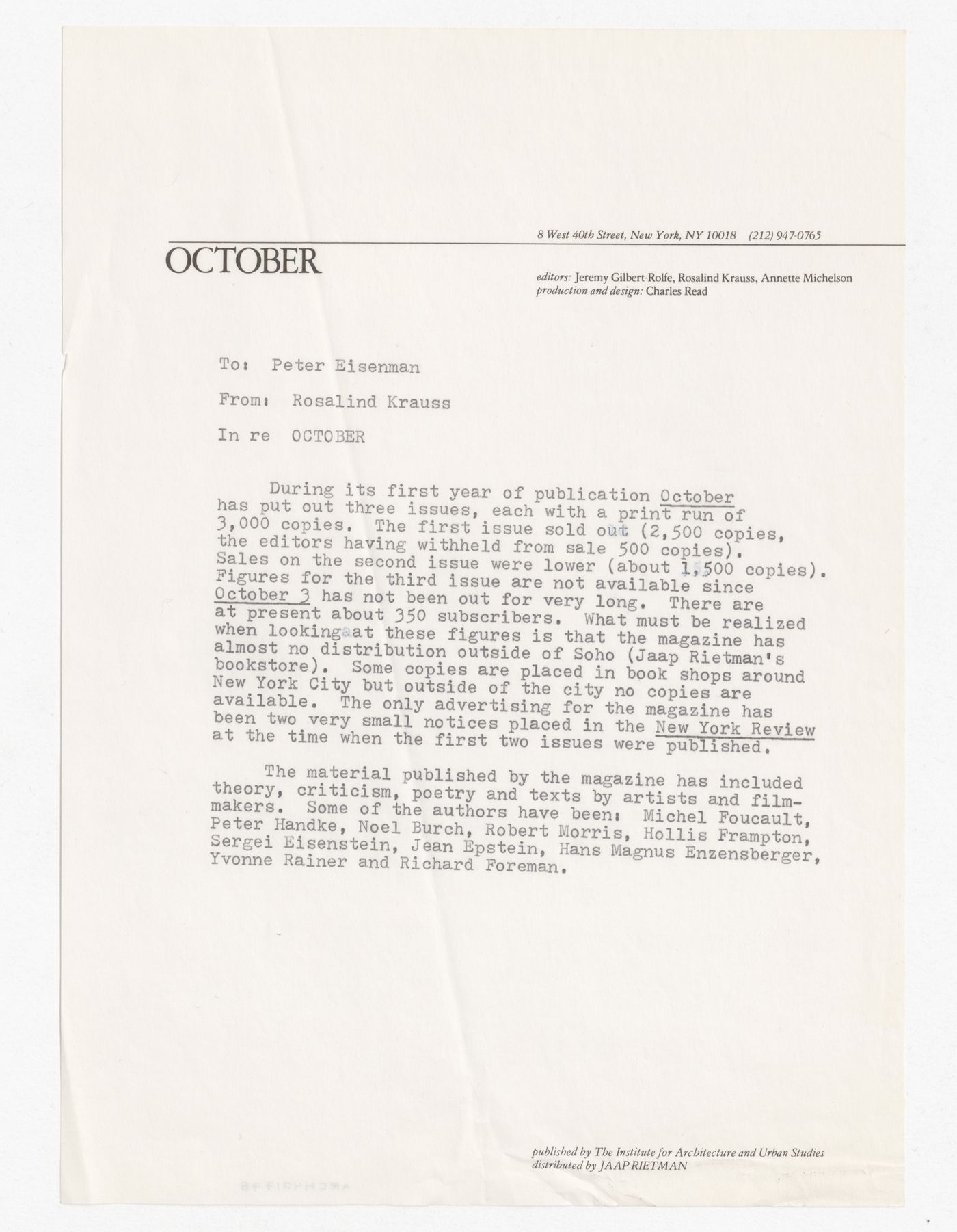 Memorandum from Rosalind Krauss to Peter D. Eisenman about first year of October