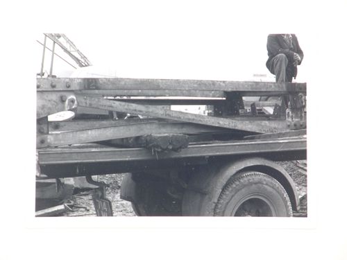 Close up view of Swindon crane used for construction on Barnstaple Long Bridge, Devon, United Kingdom