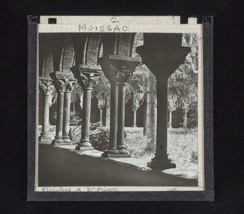 View of arcade and cloister garth from walkway of cloister of Saint-Pierre Abbey, Moissac, Tarn-et-Garonne, France