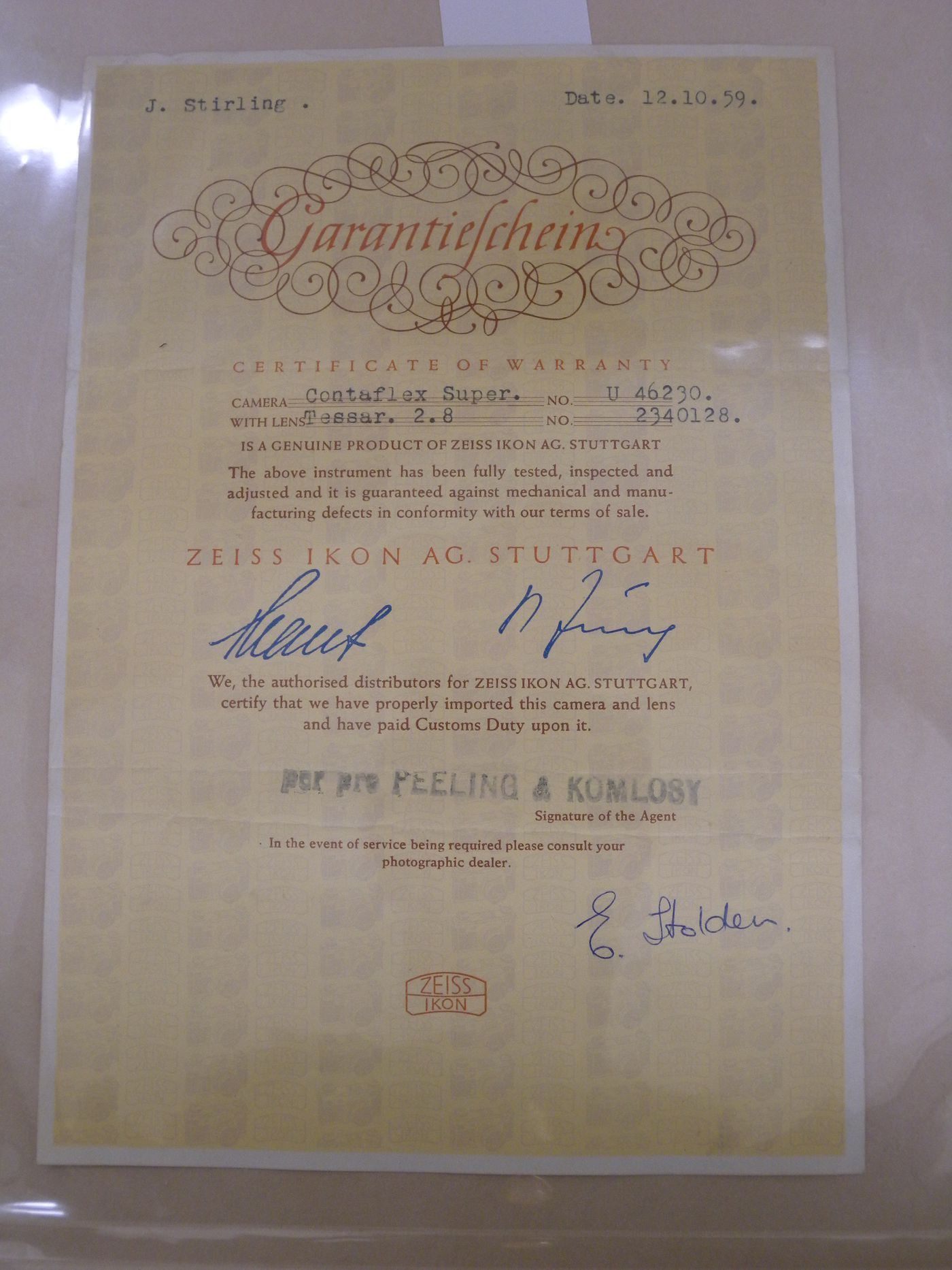 Certificate of warantee