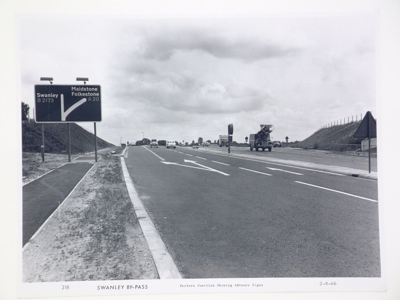 View of western junction showing advance signs, during construction of the Swanley Bypass, England