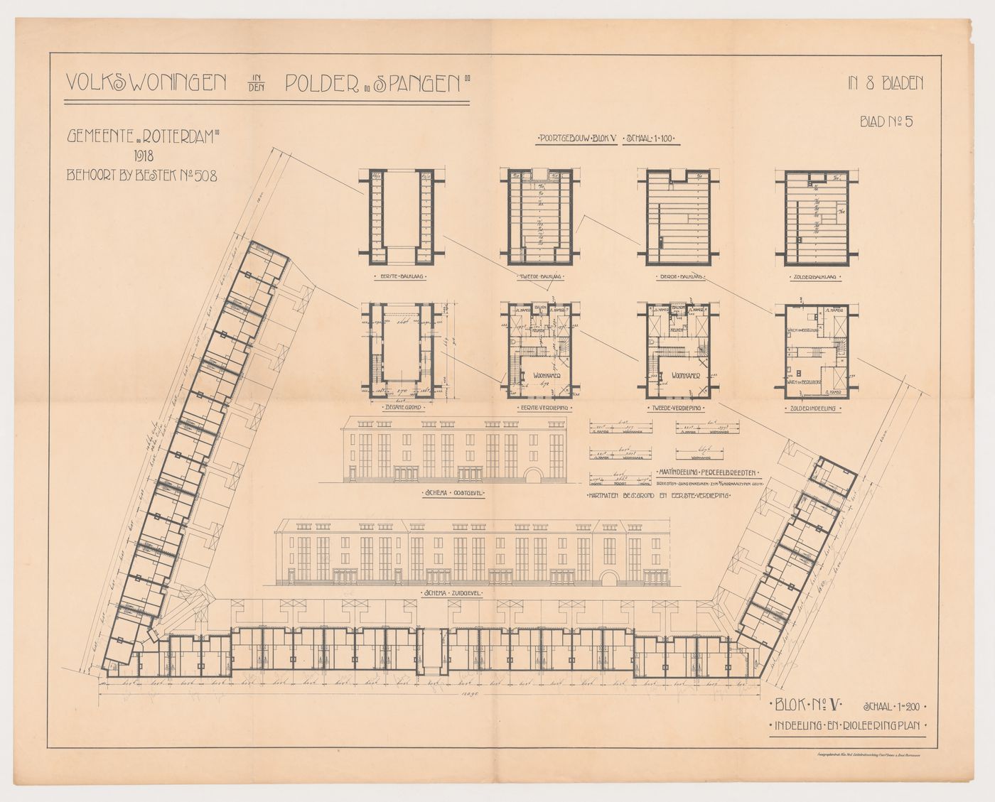 Plans, framing plans, and partial elevations for Block 5, Spangen Housing Estate, Rotterdam, Netherlands