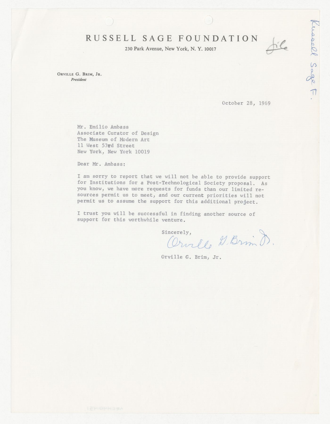 Letter from Orville G. Brin Jr. to Emilio Ambasz responding to proposal for Institutions for a Post-Technological Society conference