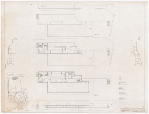 Site plan, floor plans, and elevations for Restaurante de Santo Domingo de Bonaval, Santiago de Compostela, Spain