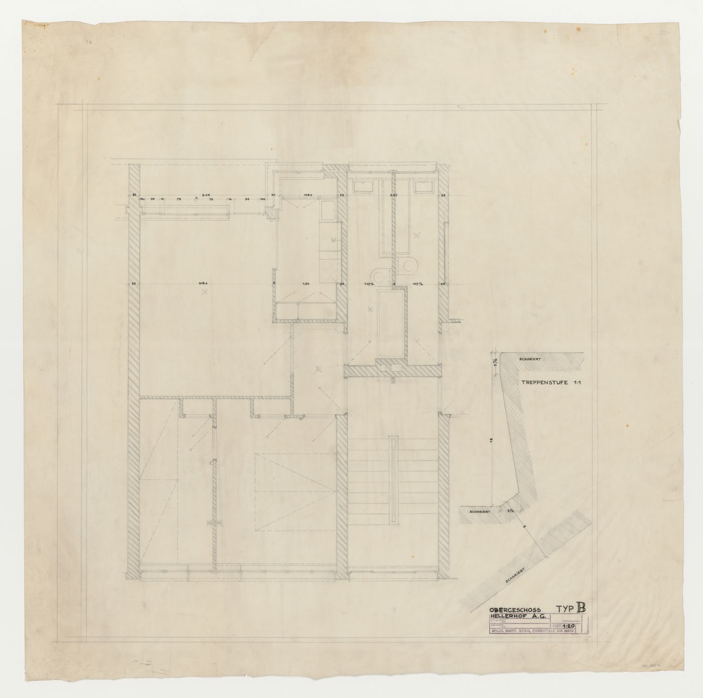 First floor plan and section for a step for a type B housing unit, Hellerhof Housing Estate, Frankfurt am Main, Germany