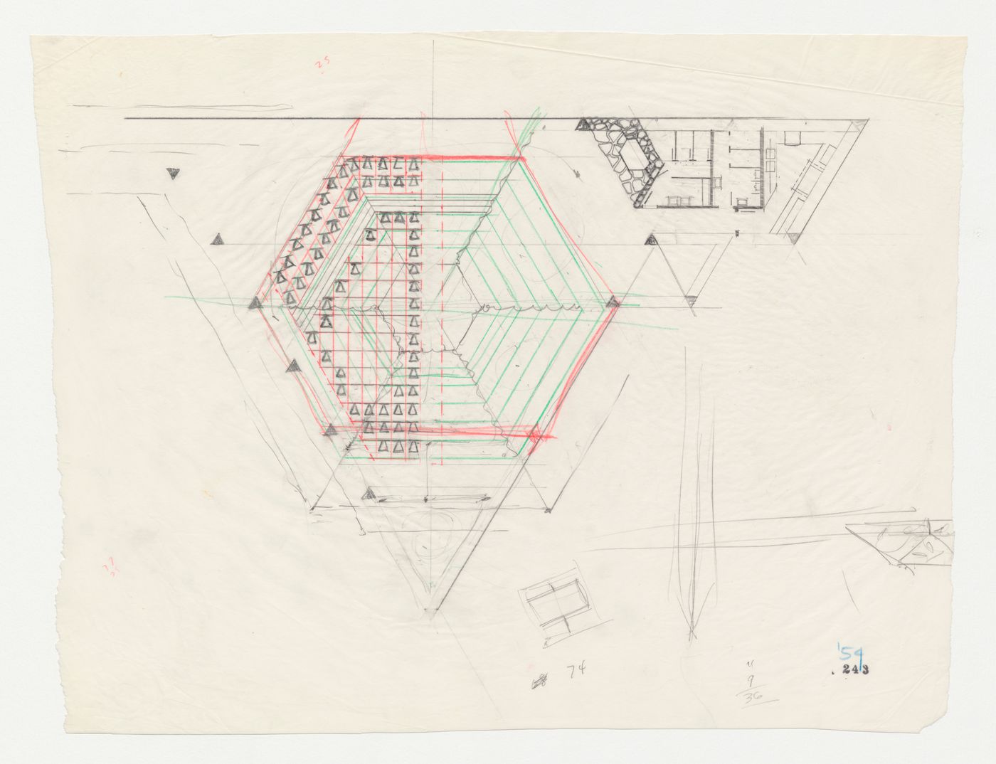 Wayfarers' Chapel, Palos Verdes, California: Plan and thumbnail sketches for the parish house indicating seating arrangements