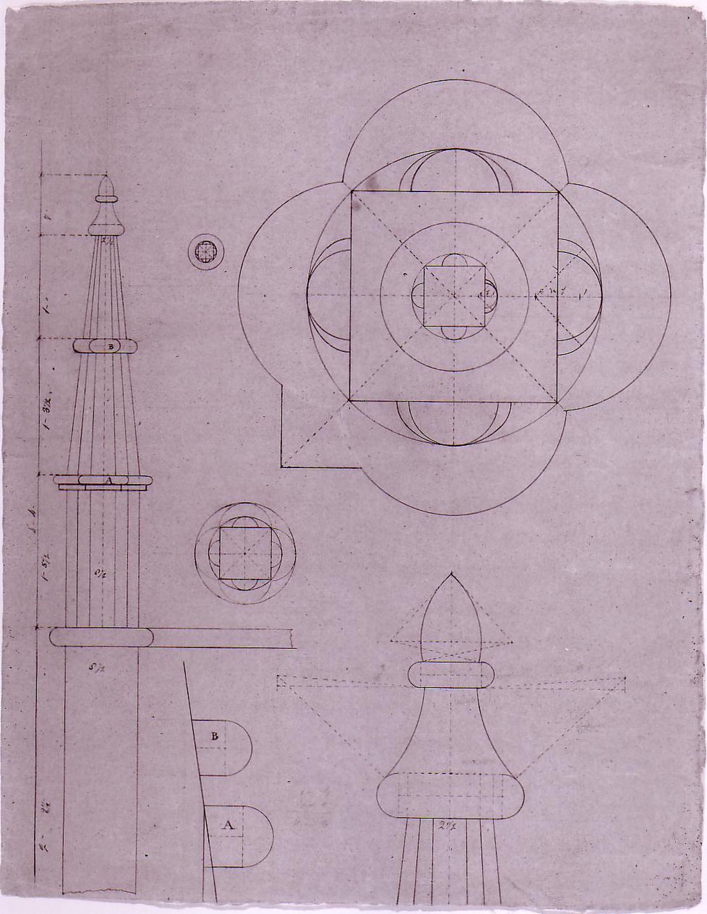 Plans, elevations and sections for decorative details and drops for a confessional [?] for Notre-Dame de Montréal