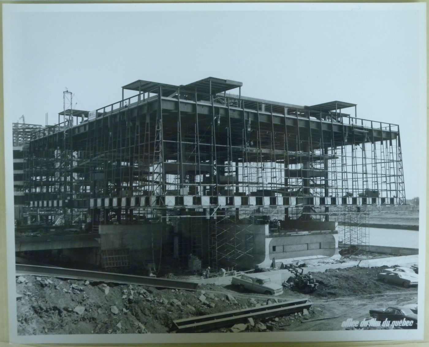 View of the Province of Quebec Pavilion at its construction stage, Expo 67, Montréal, Québec