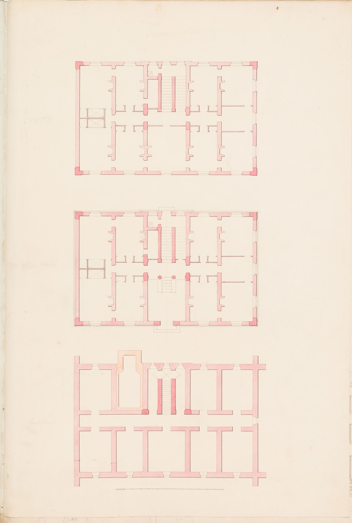 Project for the caserne de la Gendarmerie royale, rue Mouffetard: Plans for the foundation, ground, first and second floors for the officers' pavilion