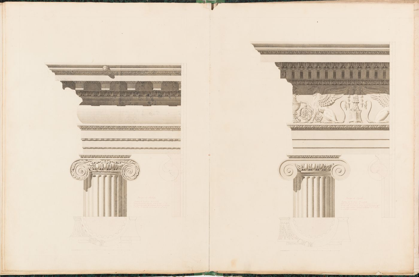 Elevations of two Ionic shafts, capitals, and entablatures after Palladio and Vignola, with plan and section details of the shafts and capitals