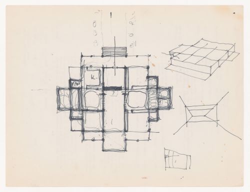 Sketch plan, axonometric, and interior perspective for Texas House 1; verso: unrelated document