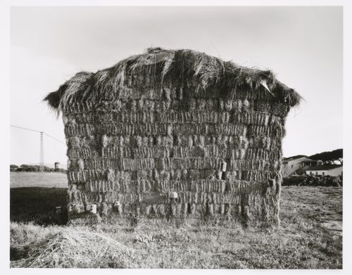 View of bales of straw stacked in the shape of a house, Tirrenia, Italy