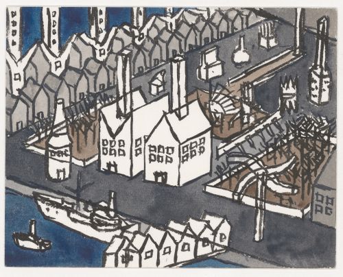 Painting for Berlin Night depicting General Museum, Ministry of Development, Covered Bridge, Studio for a Painter, Studio for a Musician, and End of Night Structure