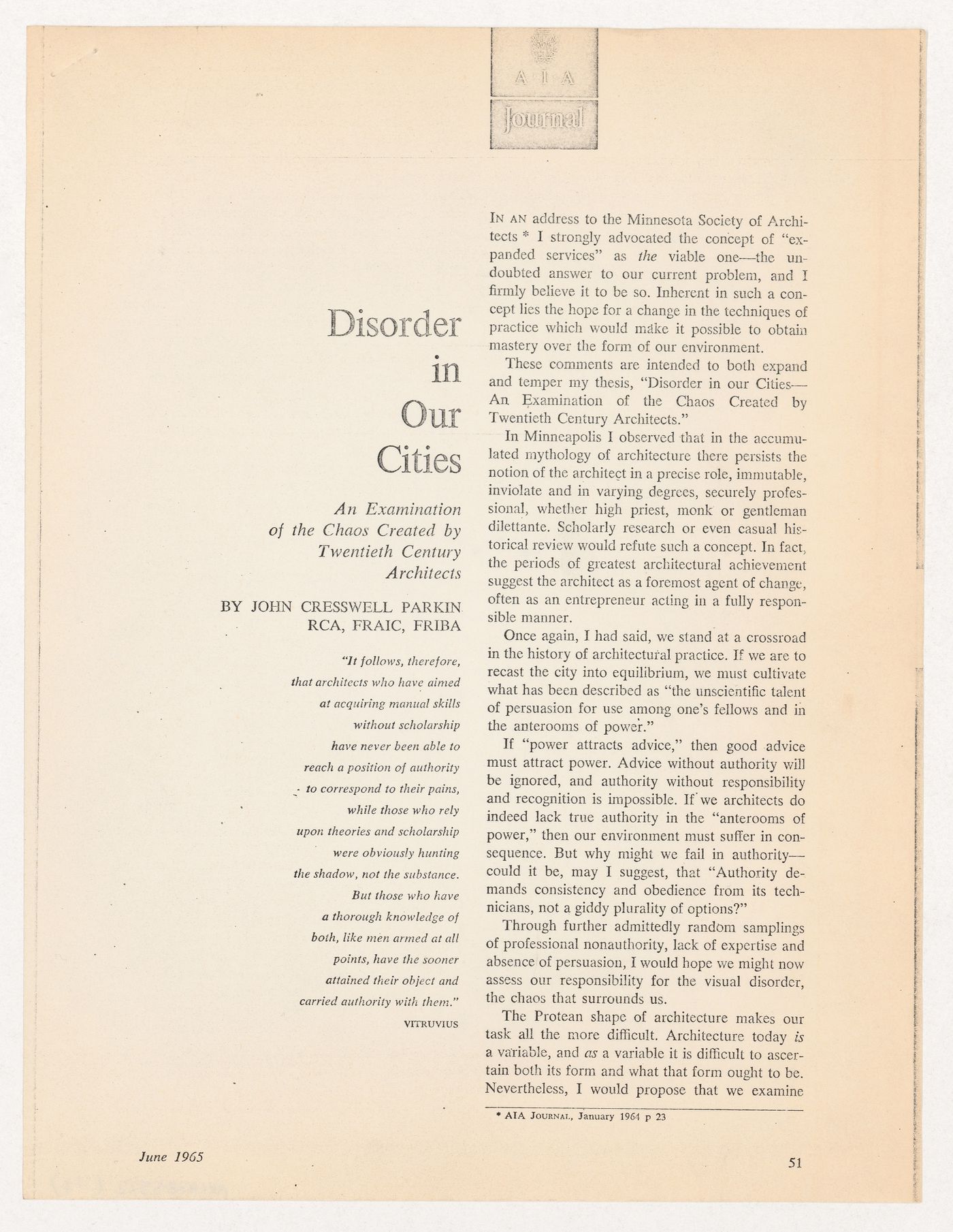 "Disorder in our Cities: An Examination of the Chaos Created by Twentieth Century Architects" published article by Parkin printed in the AIA Journal