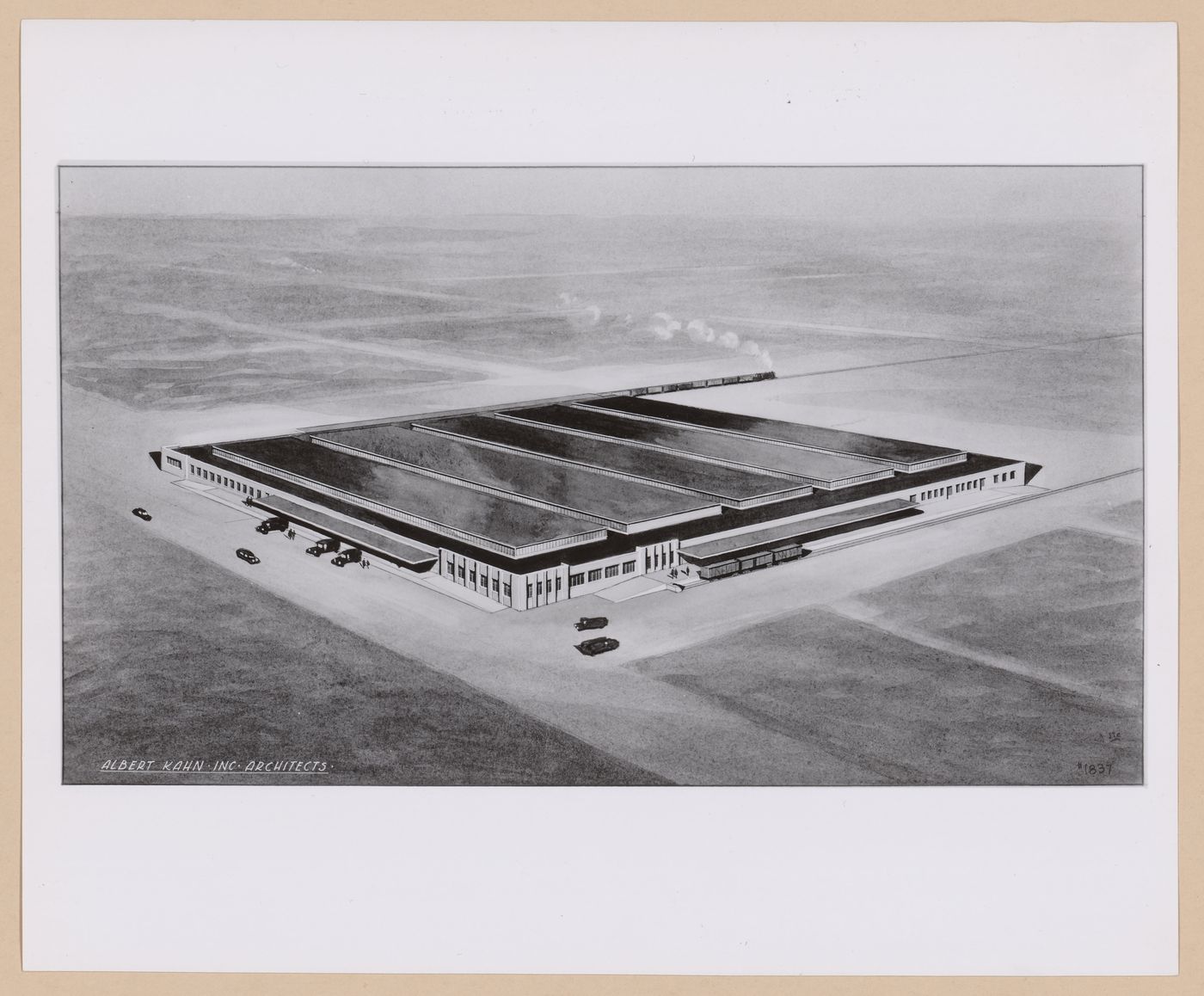 Photograph of an bird's-eye perspective drawing for or of a storehouse, United States Army Base, Duncanville [?], Texas