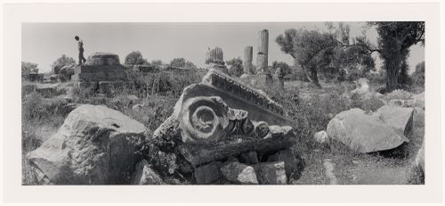 Panoramic view of building fragments including columns, Temple of Dionysos, Teos, in Sigacik, Turkey