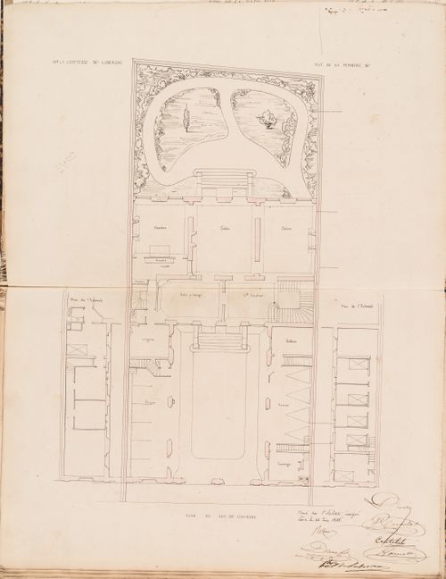 Contract drawing for a house for Madame la comtesse de Lubersac, 95 rue de la Pépinière, Paris: Ground floor plan, including the garden and partial plans for the "entresol"