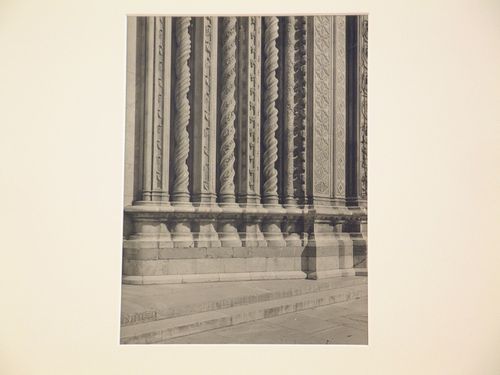 Detail; elaborately carved colonettes and bases probably on exterior of cathedral