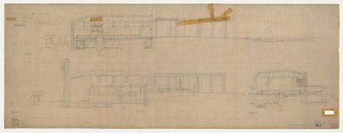Sections 1 to 3 for Monument Hall showing Resurrection Monument, the Chapel of the Holy Cross and a rear elevation for the chapels' office and organ loft, Woodland Crematorium, Woodland Cemetery, Stockholm, Sweden