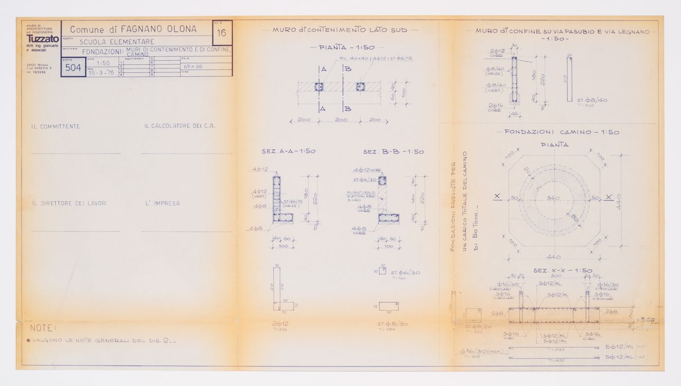 Details of foundations: containment and boundary walls for the chimney (Fondazioni: muri di contenimento e di confine, camino), Scuola elementare a Fagnano Olona, Italy