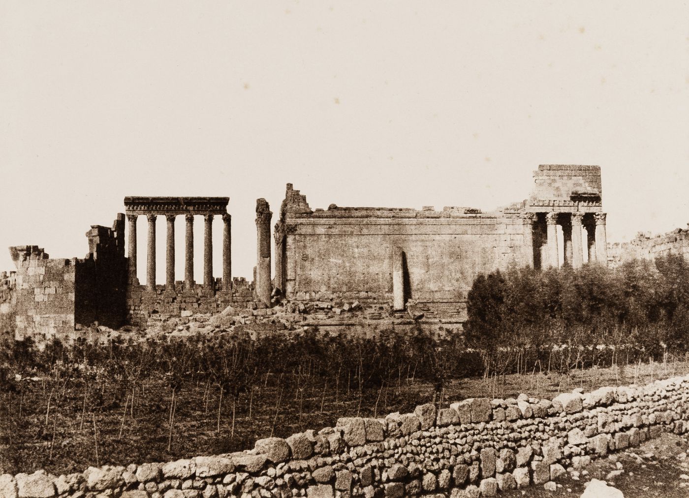 Distant view of the ruins of the Temple to Jupiter and the Temple of the Sun, Baalbek, Ottoman Empire (now in Lebanon)