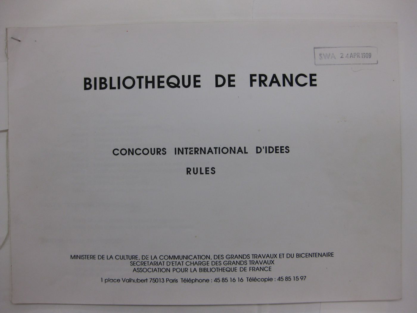 Bibliothèque de France concours international d'idées: Rules