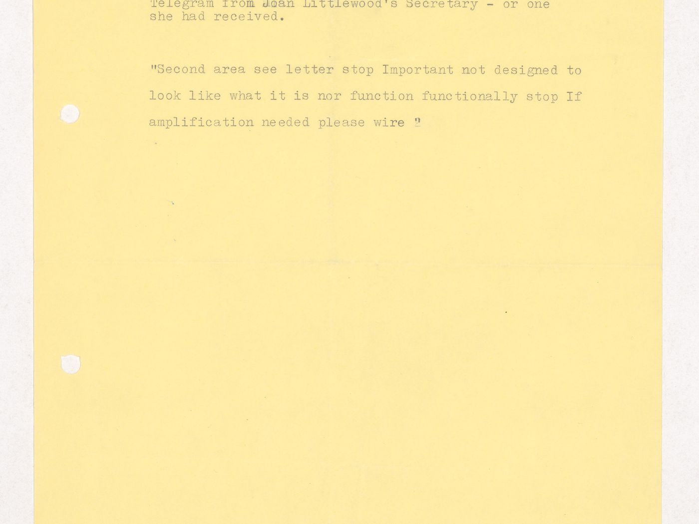 Telegram possibly from Joan Littlewood's secretary
