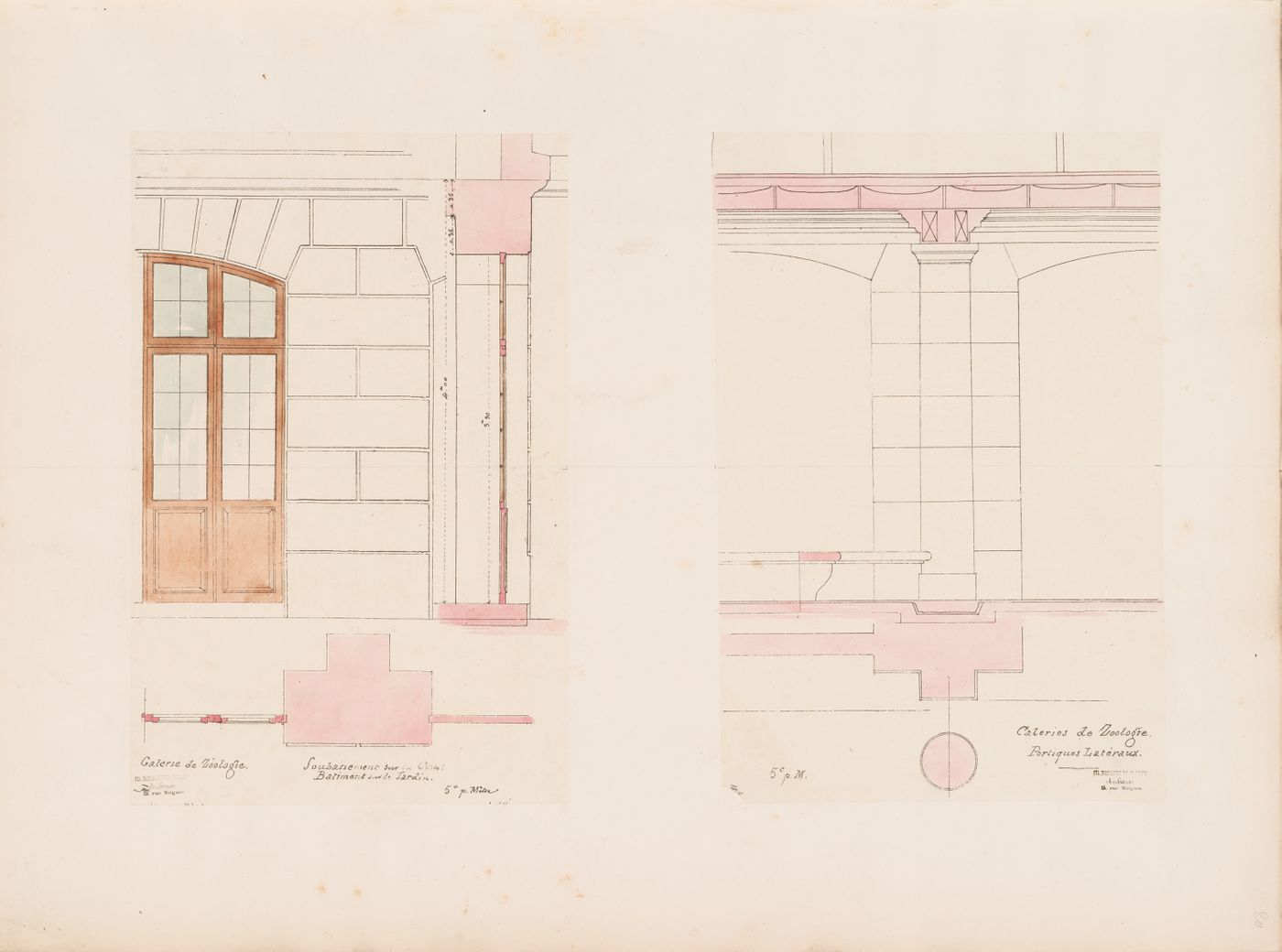 Project for a Galerie de zoologie, 1846: Partial section, elevation and plan for the courtyard façade of the main wing, and partial section and plan for the side porticos