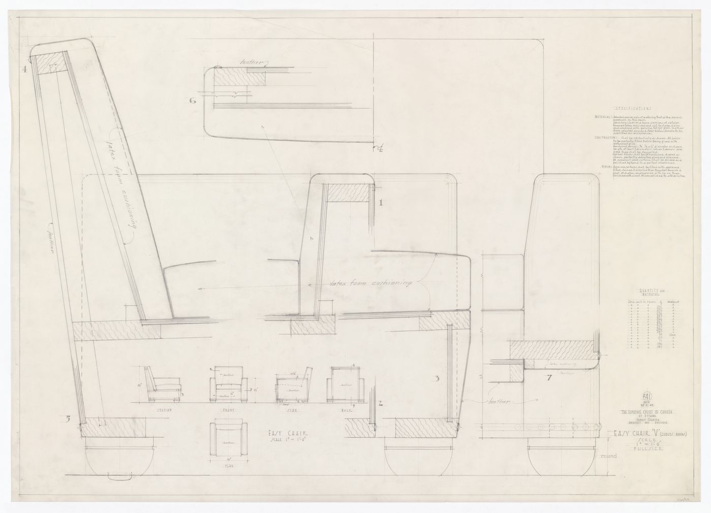 Plan, élévations et coupes de la chaise "V" pour Cour suprême du Canada, Ottawa, Ontario