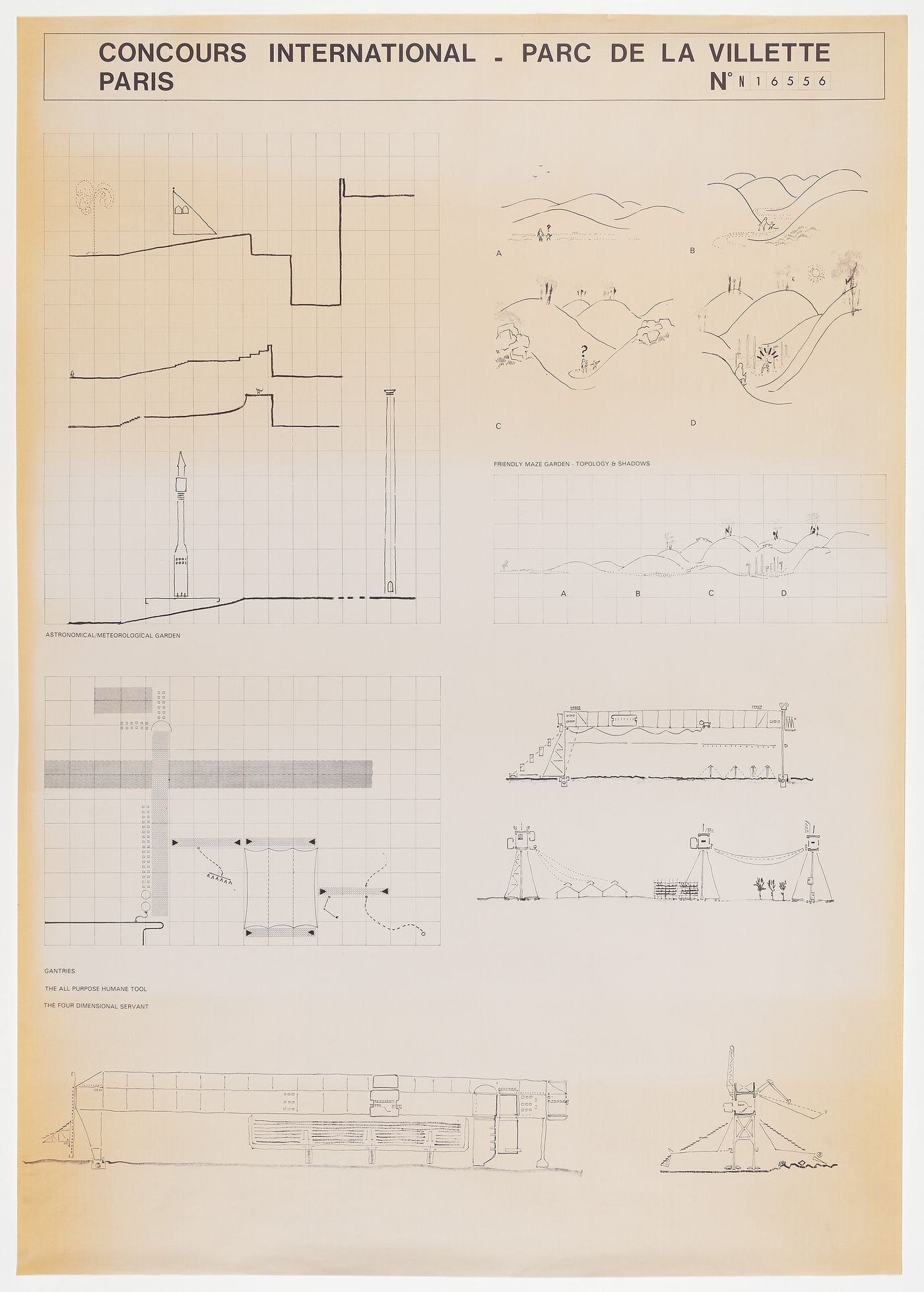 Concours international, Parc de la Villette, Paris: entry by Cedric Price : competition drawings of the Astronomical/Meteorological Garden, gantries and the Friendly Maze Garden