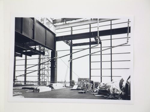 View of construction of steel structure for power station, from interior, United Kingdom