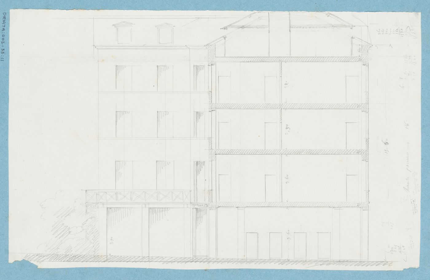 Project for a hôtel for M. Busche: Sectional elevation for a four-storey hôtel