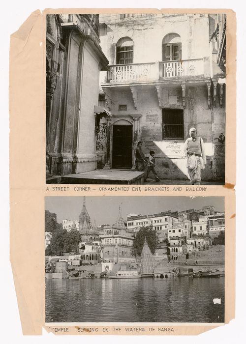 View of Indian temple sinking in the Ganges (Ganga) river and view of city of Varanasi (Banaras), India