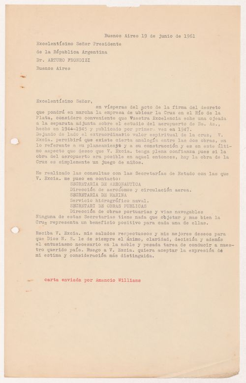 Correspondence with Arturo Frondizi for Cruz en el Rio de la Plata, Buenos Aires, Argentina