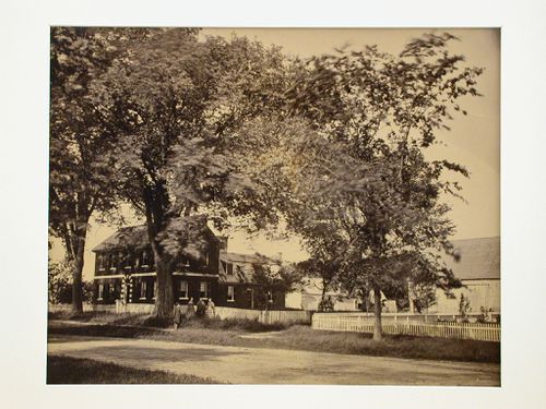 Asa Stebbins House, from across the road, with four figures out front, Dearfield, Massachusetts