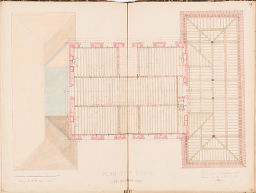 First floor plan with a partial roof plan, including the roof and floor plan framing, for a country house for Madame de Lescure, Royan