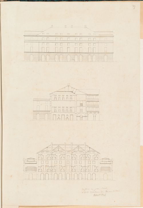 Project for the redevelopment of the École de médecine and surrounding area, Paris: Elevation, sectional elevation, and section for additions for the Clinique de l'École de médecine