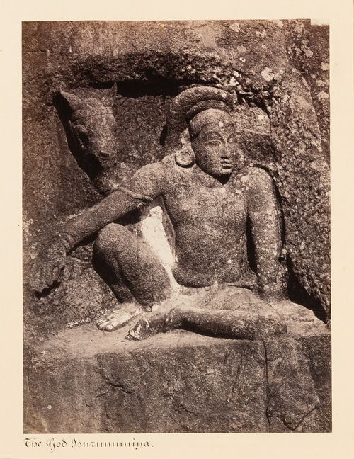 Close-up view of a relief of the God Isurumuniya, Isurumuniya Temple, Anuradhapura, Ceylon (now Sri Lanka)