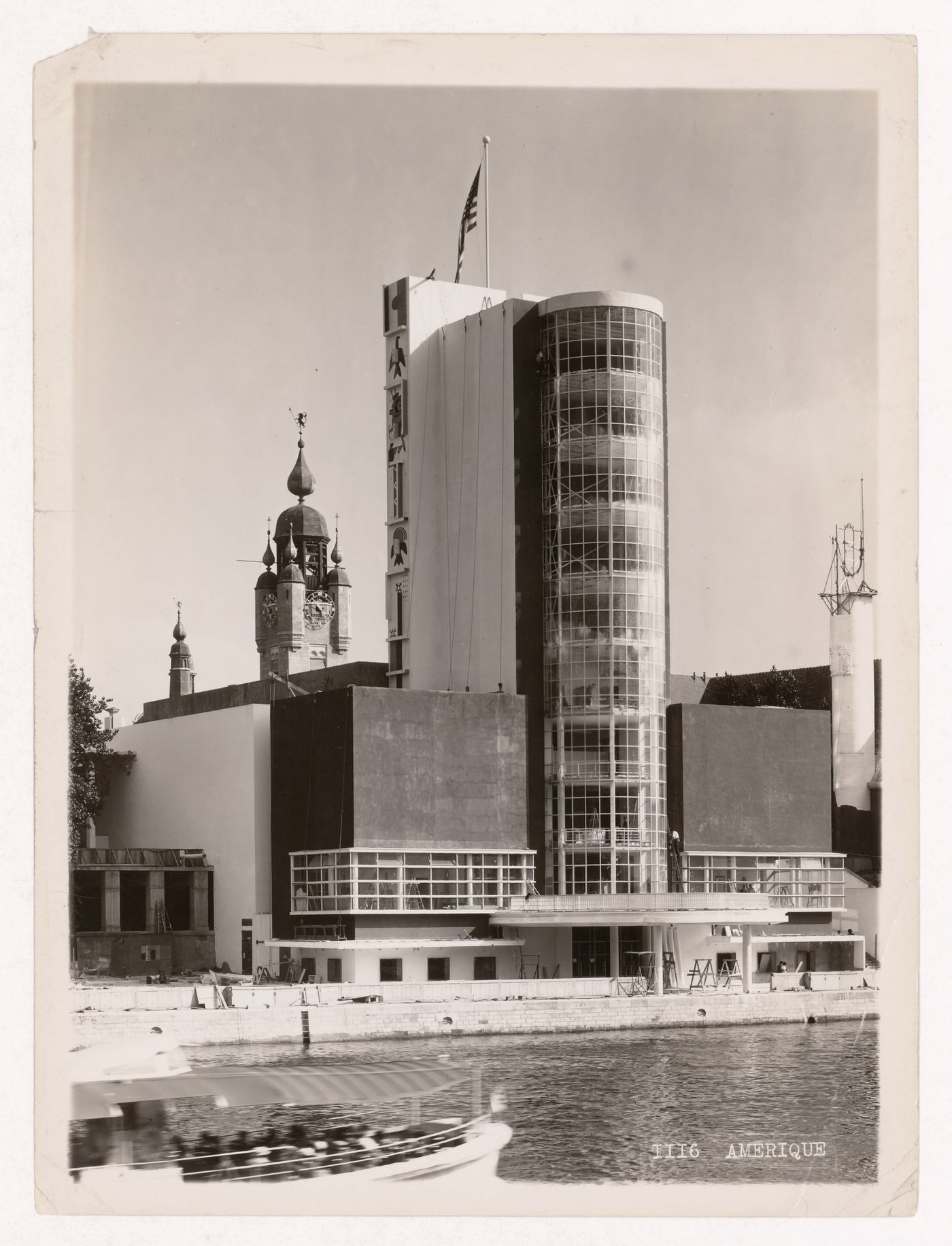 View of America's pavilion with the Seine in the foreground, 1937 Exposition internationale, Paris, France